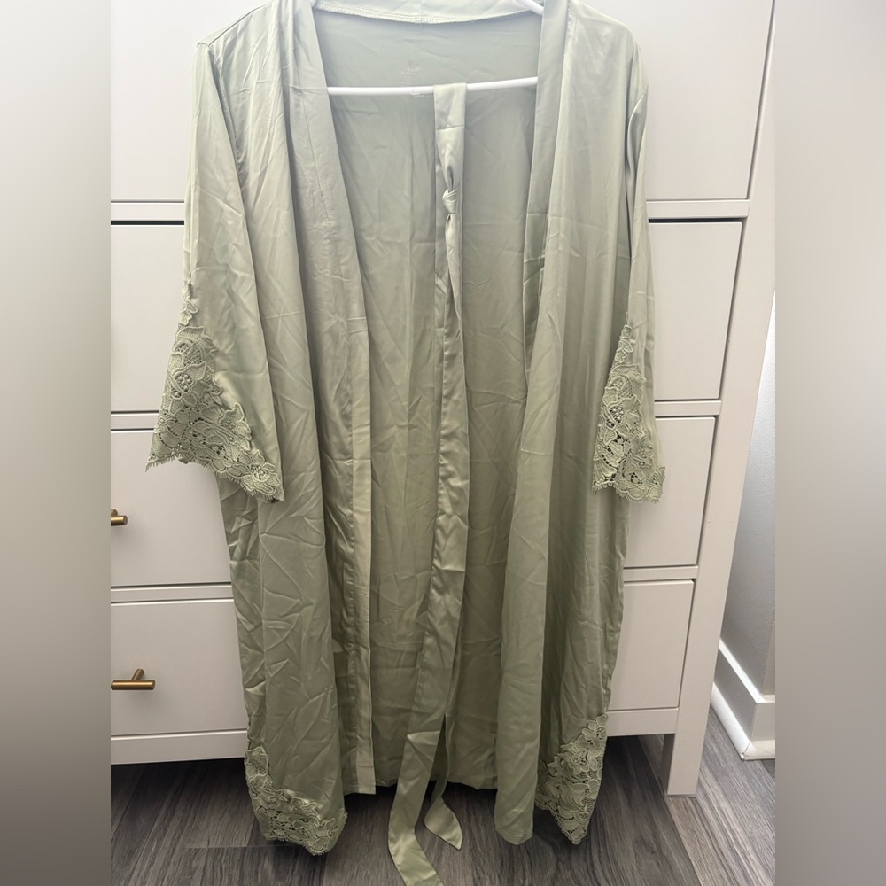 Satin Lace Trim Sage Robe